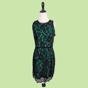 Milly‎ size 8 Black Lace Overlay Green   Sleeveless mini A line dress